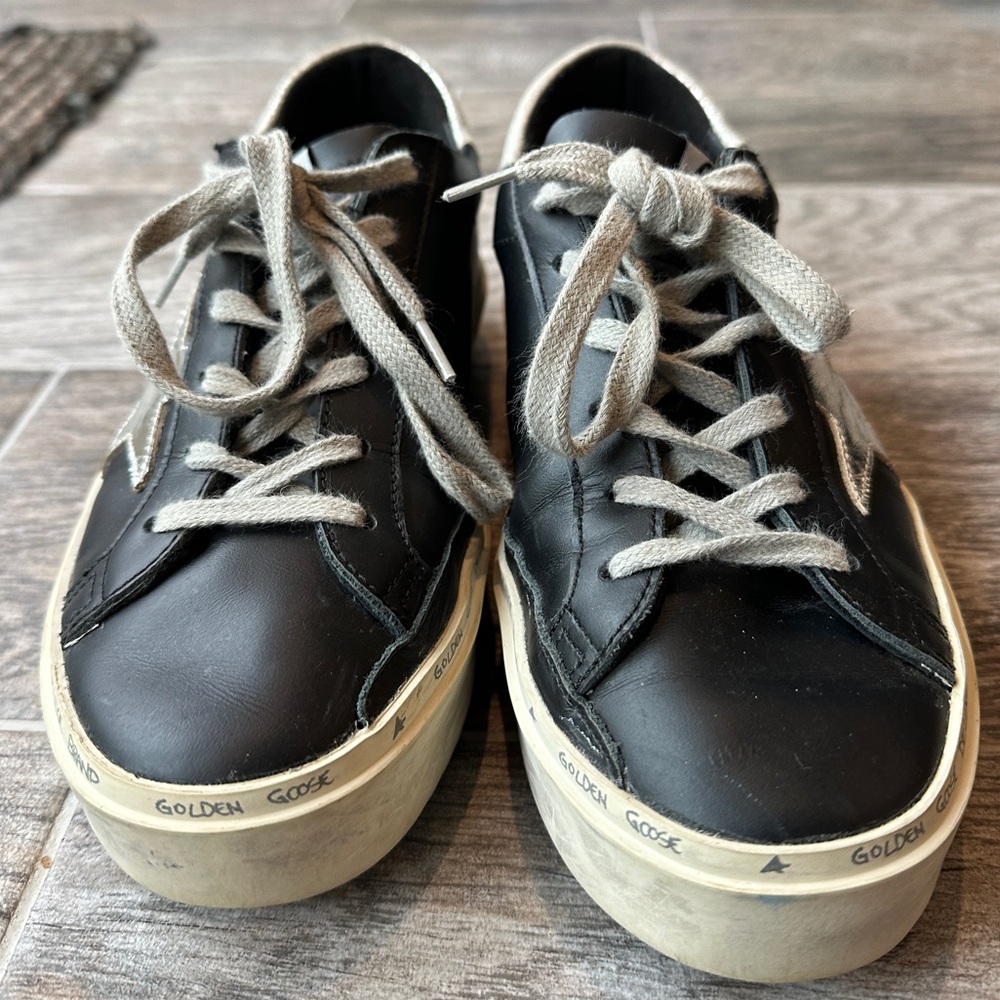 Golden Goose Black Leather Sneakers with Silver Star & gold laces - Picture 13 of 16